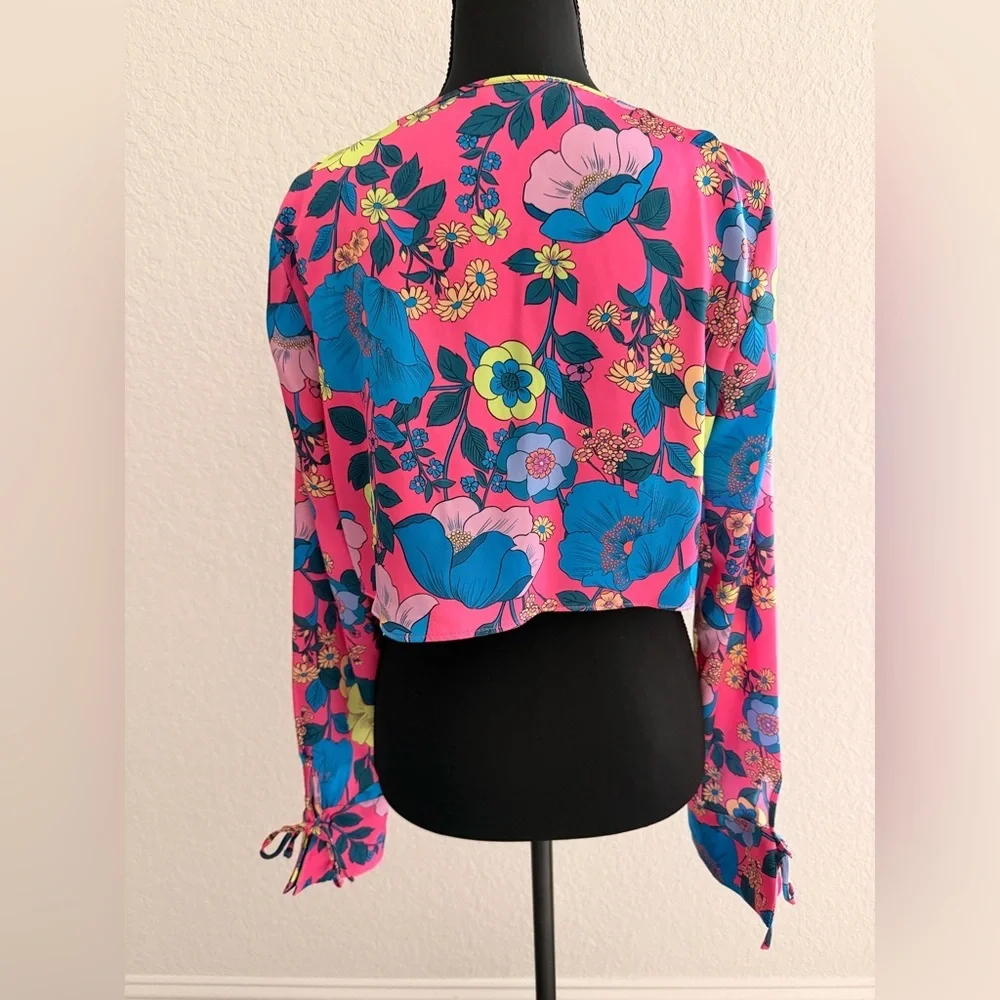 ZARA Satin Effect Floral Tie-Front Crop Top | Neon Pink Print